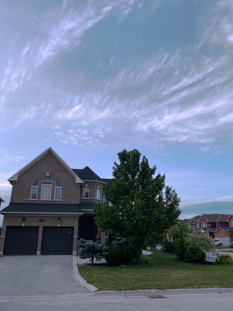 A house with two garage doors and a tree in front of it.